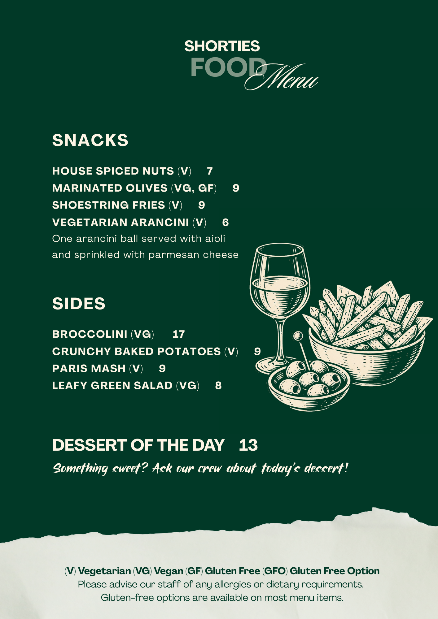 This is Shorties Snacks and Sides Menu image, green background with yellow text and graphics