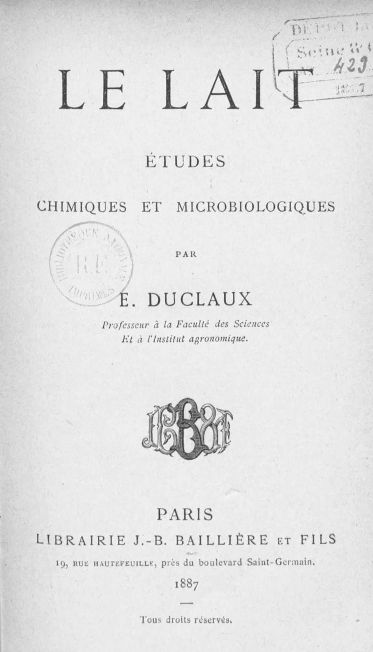 Fig. 1 : Duclaux, Le lait (1887). Issue de Gallica.bnf.fr