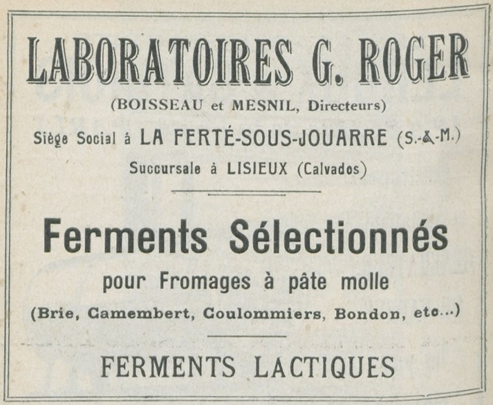 Fig. 2 : publicité pour ferments (1926). Beau et Bourgain, L’industrie fromagère . Issue de Gallica.bnf.fr