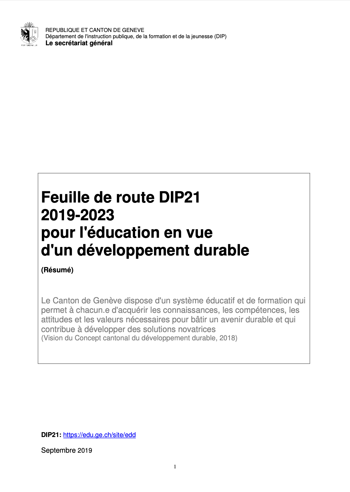 Feuille de route DIP21 2019-2023 pour l'éducation en vue d'un développement durable