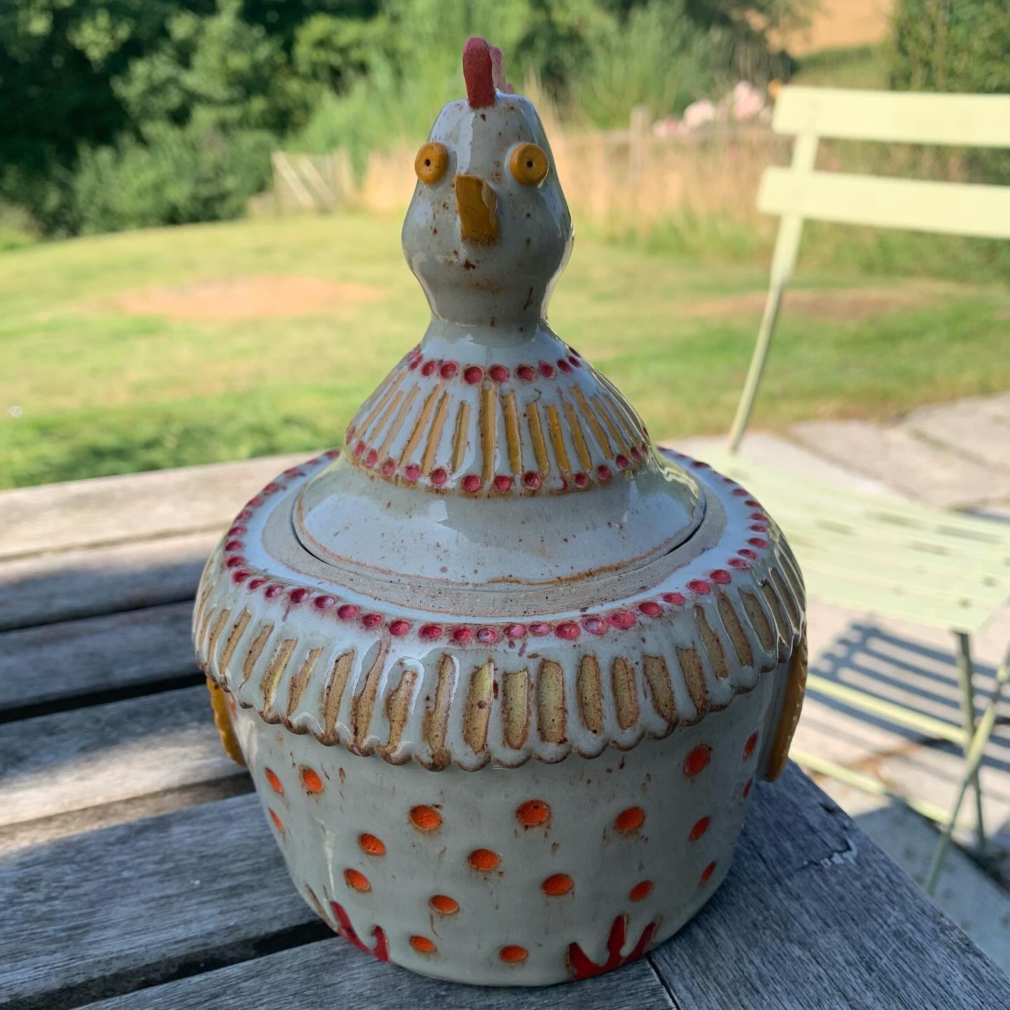 Some more happy pieces from the kiln. The chicken pot was really fun to make; to keep the shape of the lid and the pot matching it is important to fire them together. Lids often stick, even when there is no glaze near them, and there is a bit of a st
