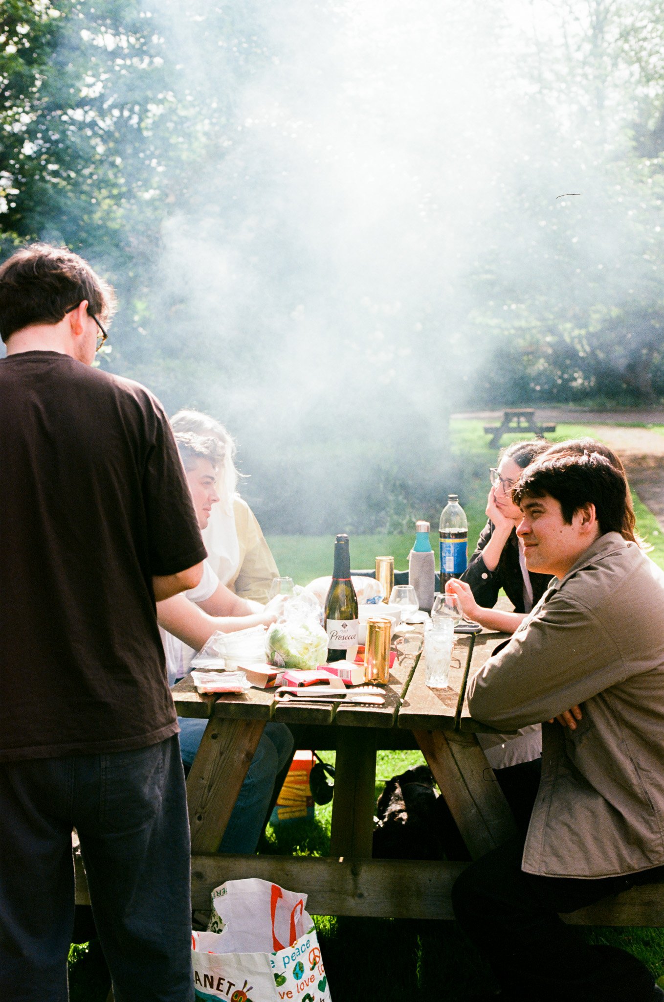 A group of five friends enjoying a picnic outdoors at a wooden picnic table, with food, drinks, and a grill visible, surrounded by trees under bright sunlight.
