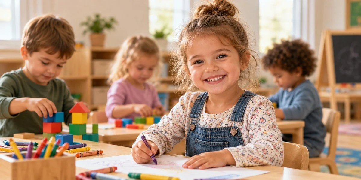 Preschool children drawing and playing with blocks in a classroom, developing early learning, social, and coordination skills.