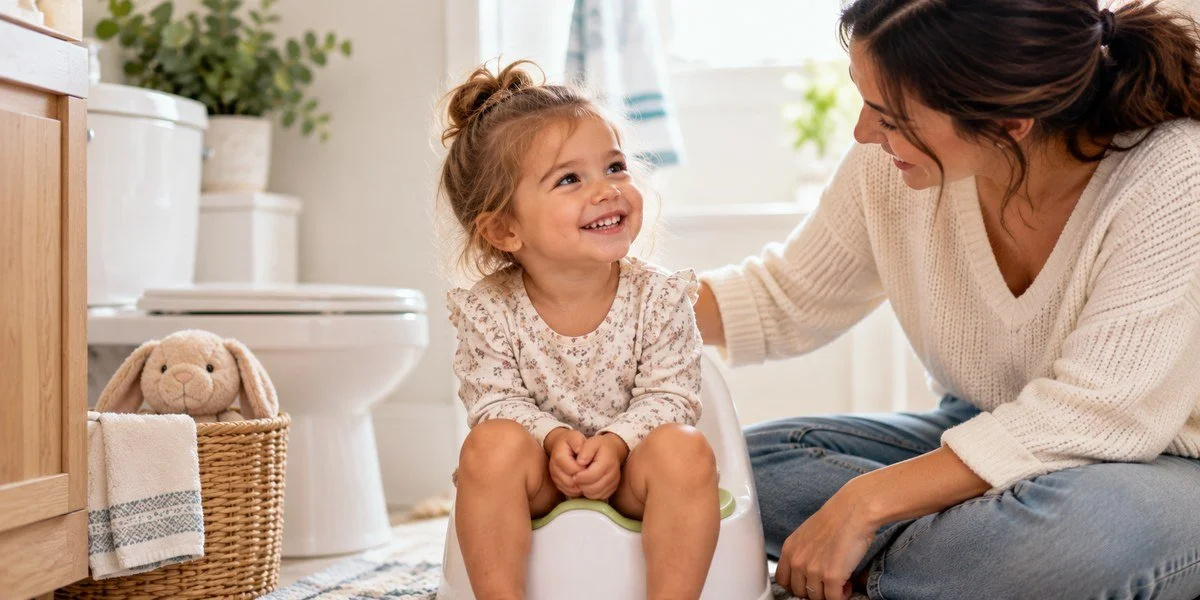 Toddler sitting on a potty with encouragement from her mother, illustrating potty training readiness and growing independence.