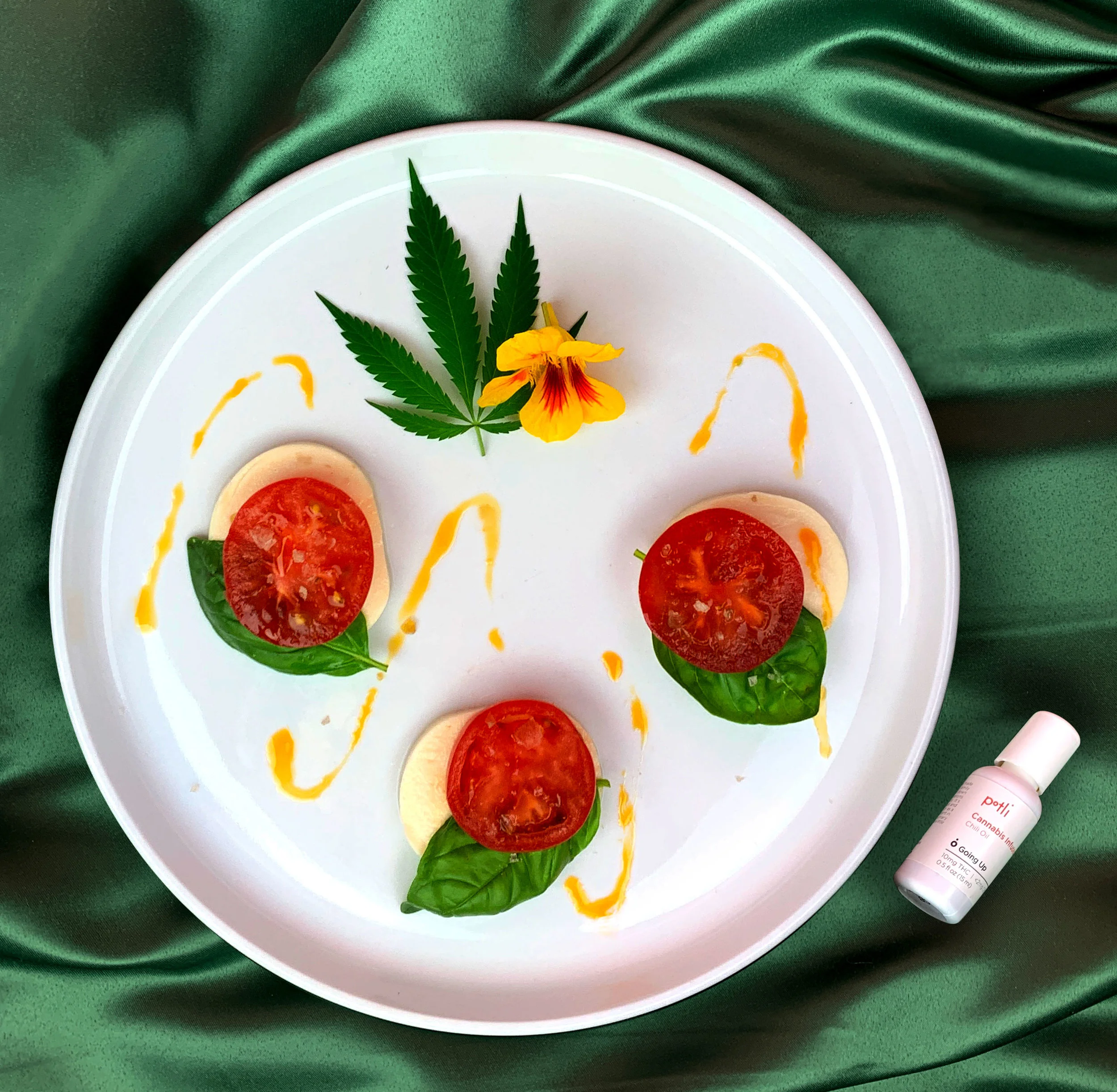 Potli cannabis-infused chili oil Caprese salad.