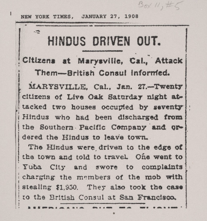 New York Times, January 27, 1908 South Asians in North America Collection, Bancroft Library, UC Berkeley Found on the UC Davis Pioneering Punjabis Digital Archive