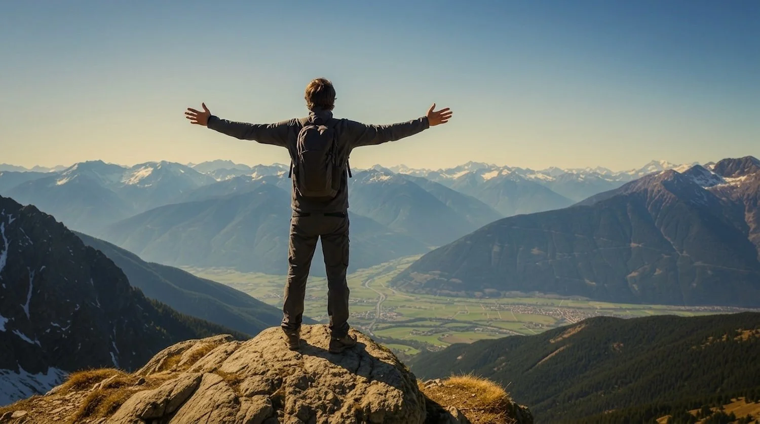 A hiker standing on a rocky mountaintop with arms outstretched, overlooking a scenic valley surrounded by snow-capped mountains during sunset.