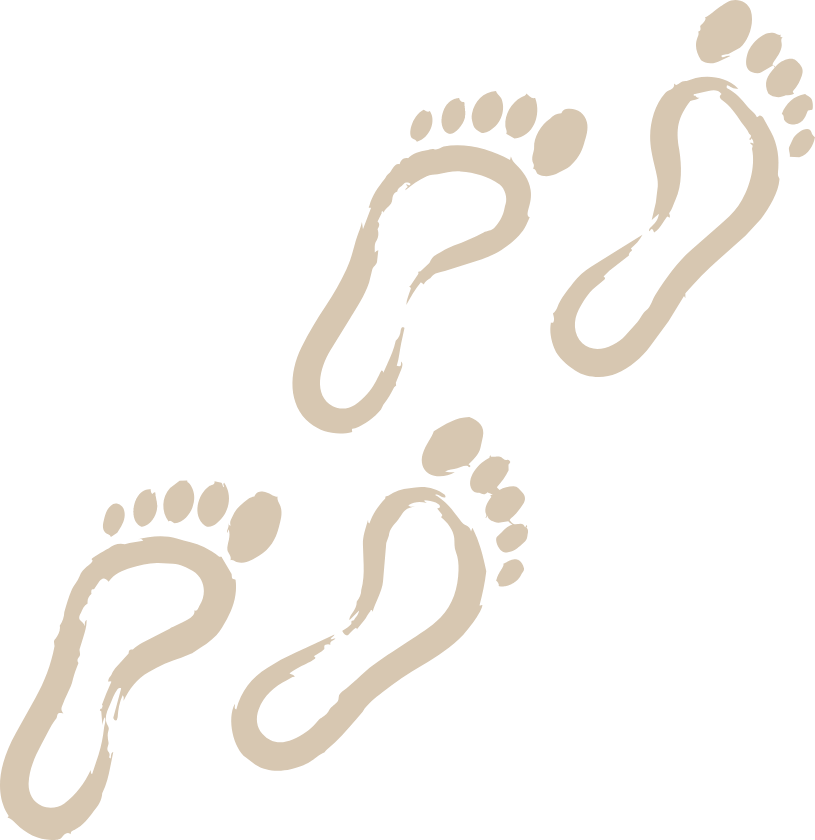 Four beige footprints, two facing upwards and two facing downwards, on a black background.