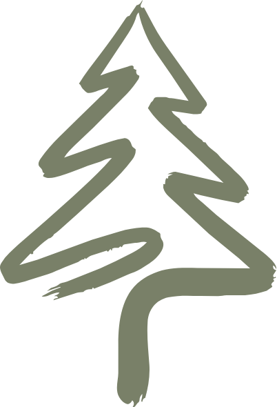 Simple, stylized drawing of a pine tree in dark green on a black background.