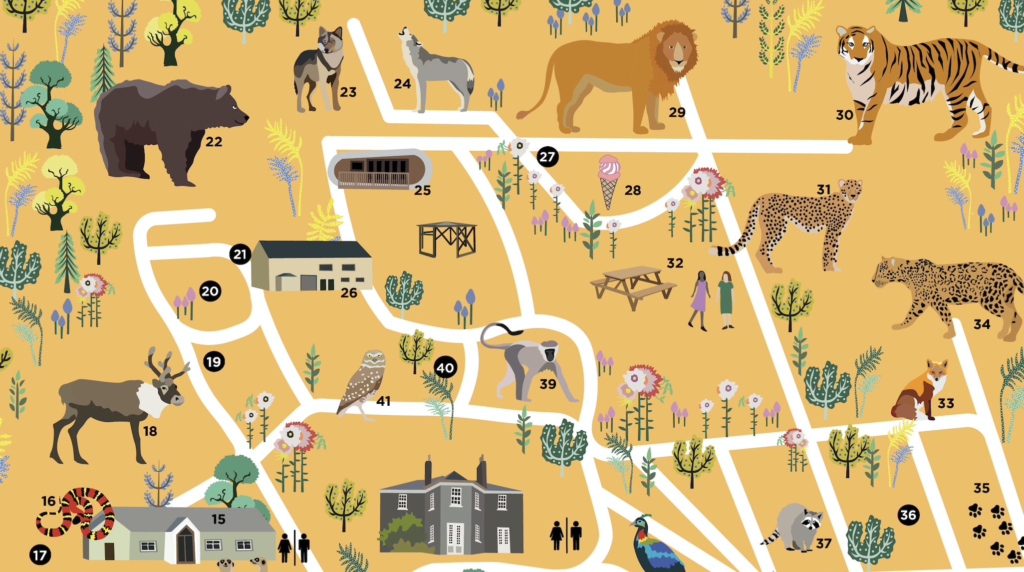 To add some subtle humour, I wanted to play on the fact that the lynx ran away in 2016 (don’t worry they found it!). So, instead of having the lynx where it should be on the map, I put foot prints in its place, and placed the lynx in the bottom corn