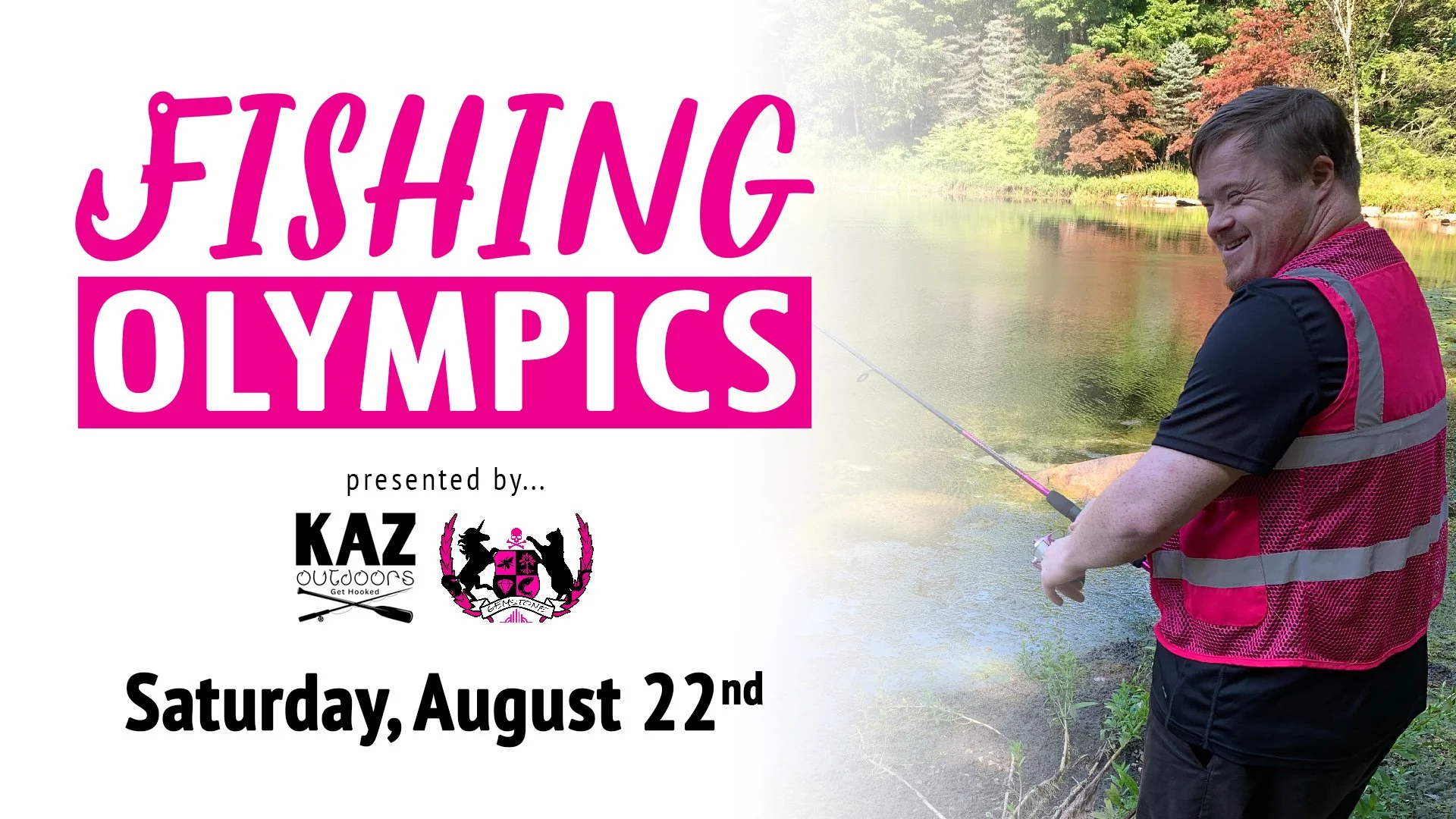 A promotional graphic for the Fishing Olympics Derby, featuring a photo of a man with Down Syndrome fishing.