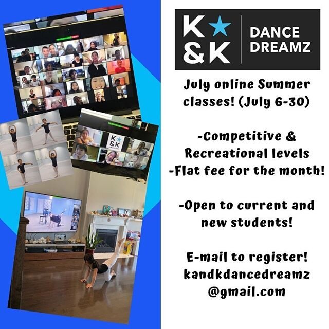 We&rsquo;re busy preparing for re-opening in-person classes, but join us online in July for some dancing fun on zoom! 😊💙😊 A great way to keep active, try something new or advance your dance skills!  Recreational and Competitive levels available! E