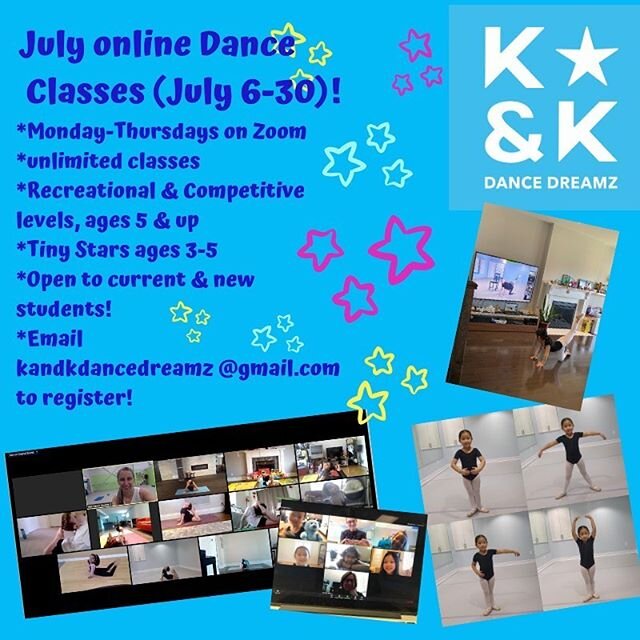 Join us online in July for some dancing fun on zoom! 😊💙😊 A great way to keep active, try something new or advance your dance skills!  Recreational and Competitive levels available! E-mail us for schedule-unlimited classes for one low fee! #kandkda