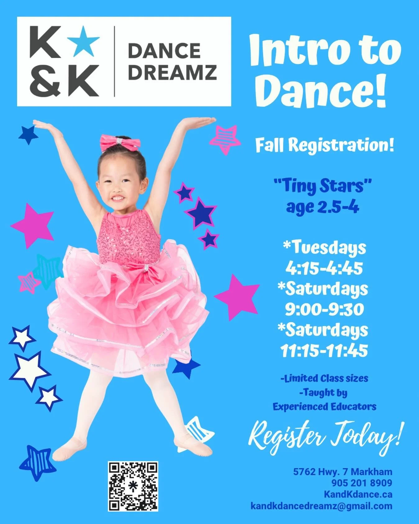 Ready to start Dance?  Register for K&amp;K&rsquo;s Tiny Stars Intro to Dance classes!  These 30-minute classes for the youngest dancers age 2.5-4 beginning their dance journey covers ballet/jazz dance basics and creative movement.  It is a great way