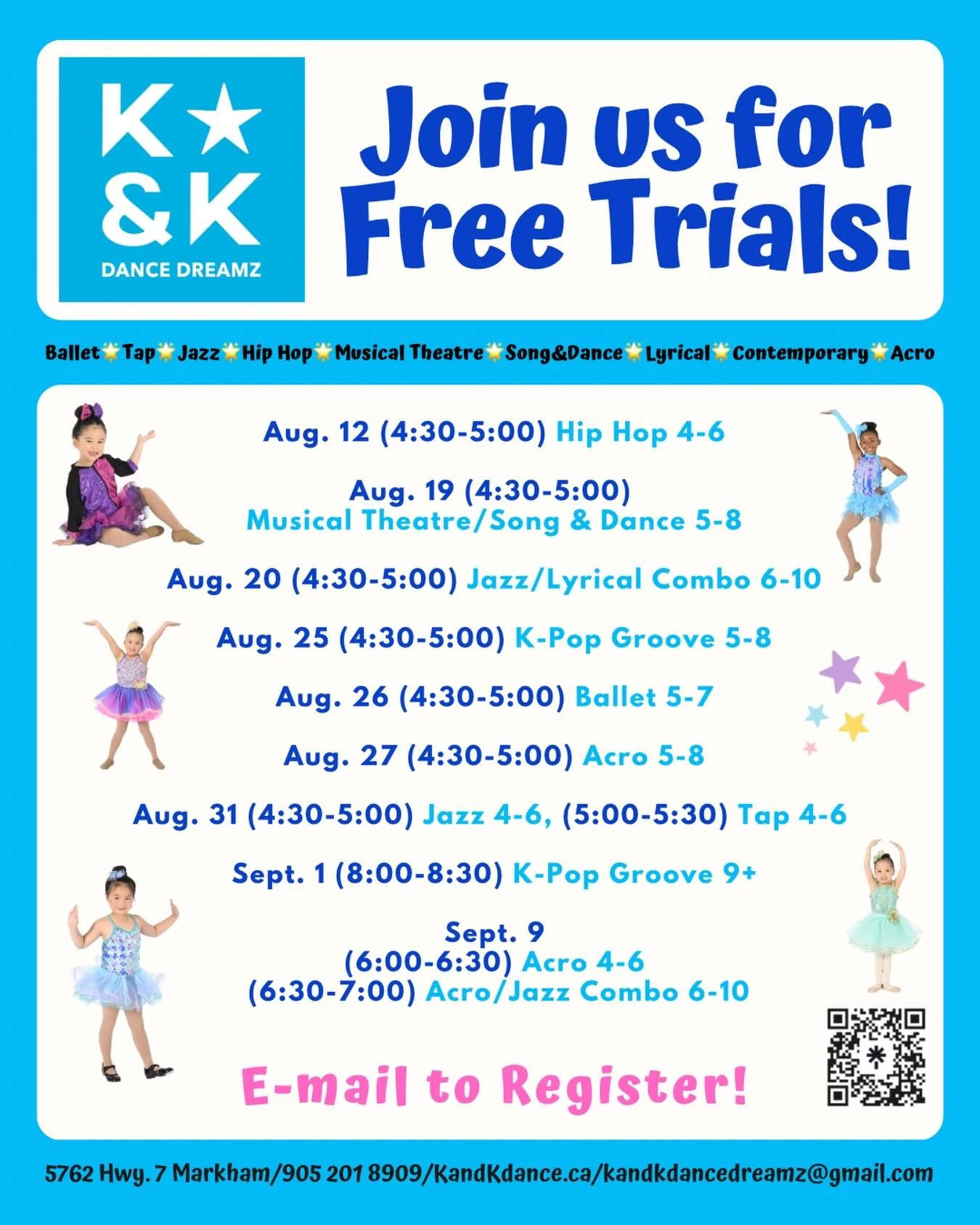 JOIN US FOR FREE TRIAL CLASSES! 🎉🎉🎉(new students register by submitting trial form found in link in bio, current students also welcome to attend-just email to register!)

Fall Registration on now at K&amp;K Dance Dreamz in Markham-Join our dance f