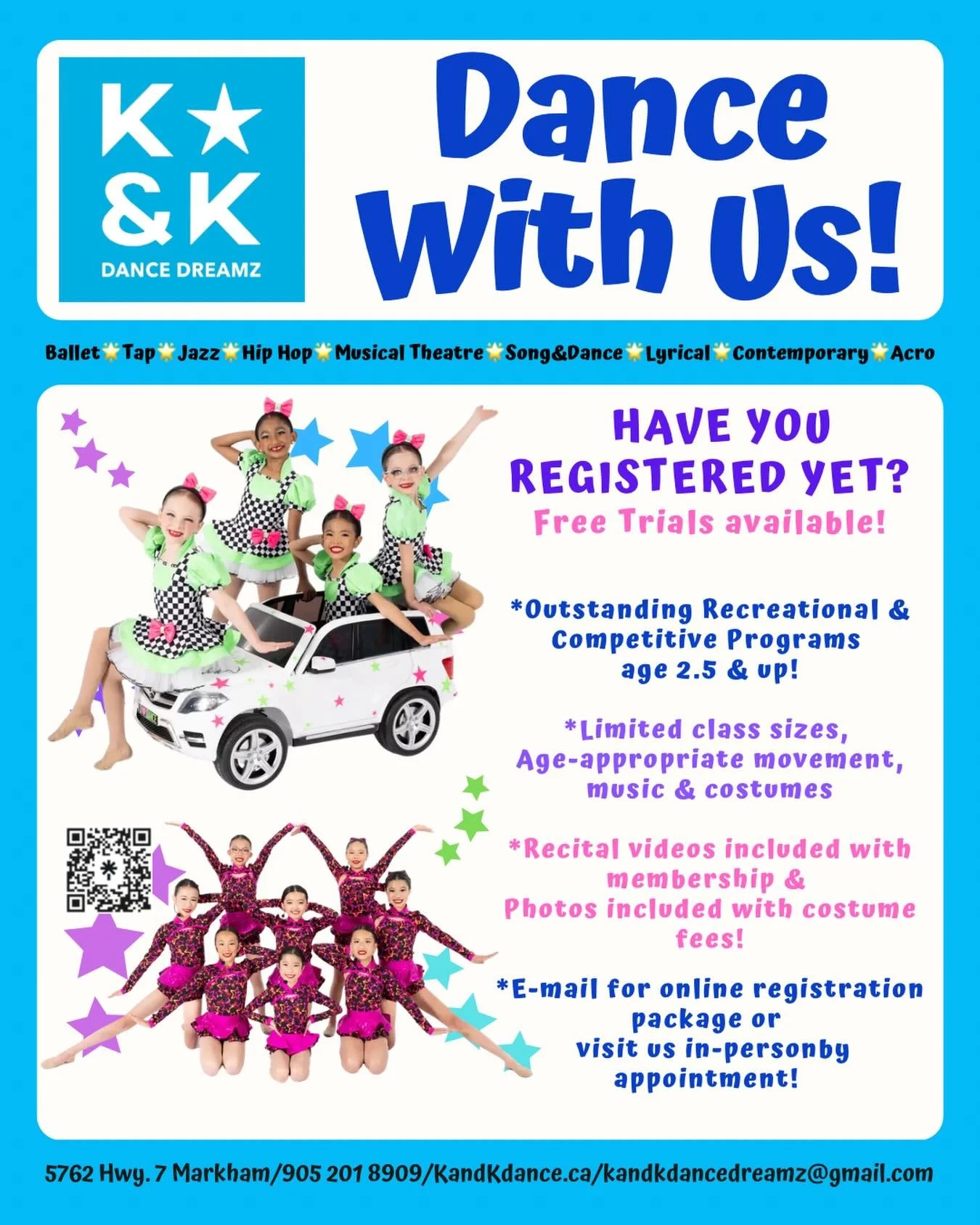Register Now at K&amp;K Dance Dreamz! 🧑🏻&zwj;🩰🎶🩰 Free Trials available!  Refer a friend by Sept. 30 for a chance to win back your last fee payment! 
Click link in bio to submit inquiry, view class schedule, or register online anytime - let us he