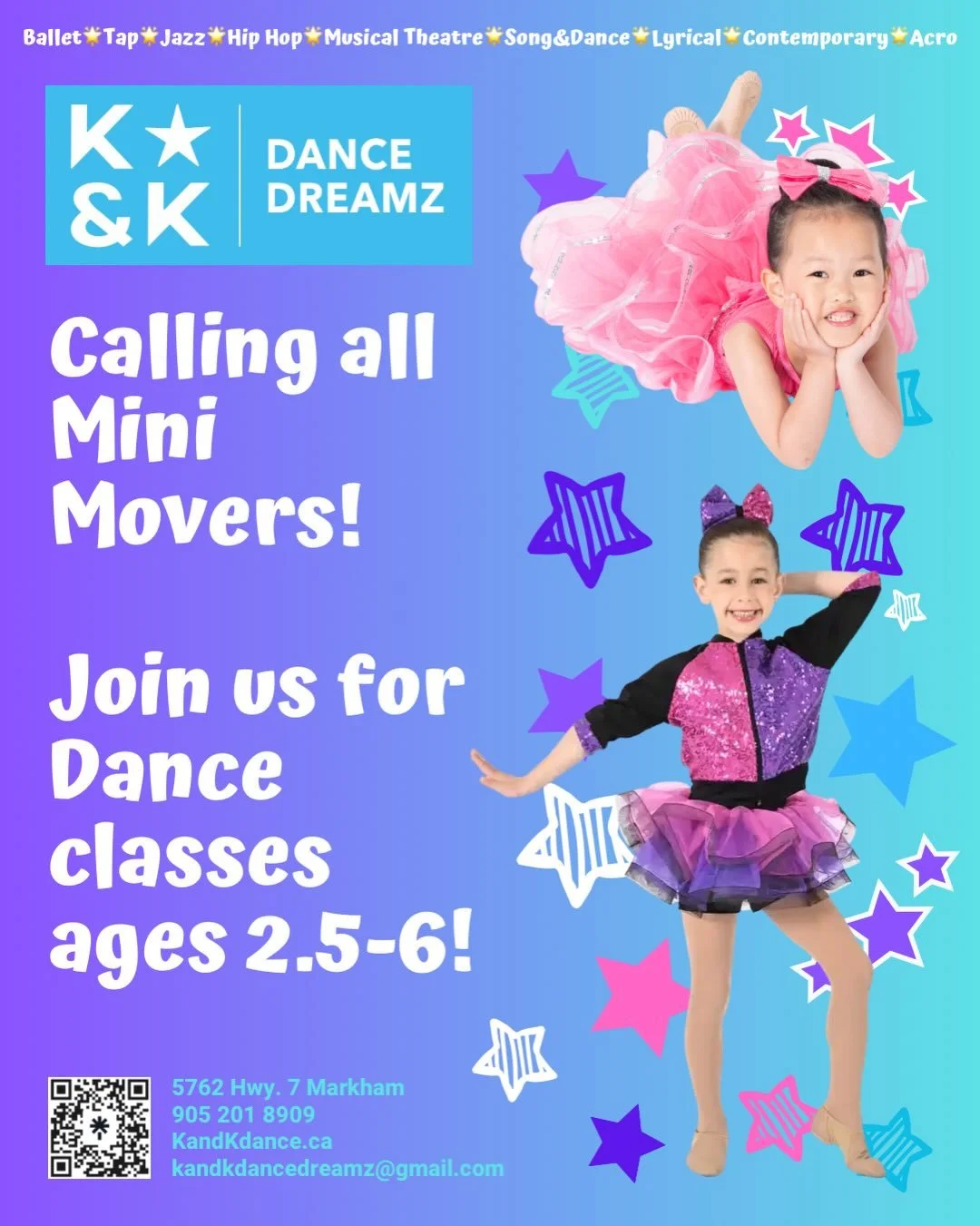 Do you have a mini mover?  Register Now at K&amp;K Dance Dreamz!  Scroll for classes for ages 2.5-6! 

Click link in bio to submit inquiry, view class schedule, or register online anytime - let us help you select the perfect classes for your dancer! 