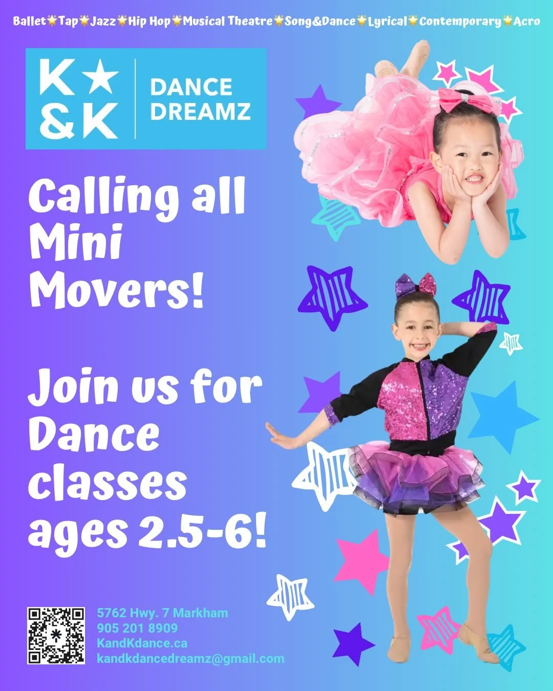Do you have a mini mover?  There&rsquo;s still time to register at K&amp;K Dance Dreamz!  Scroll for classes for ages 2.5-6!  Free trials available.

Click link in bio to submit inquiry, view class schedule, or register online anytime - let us help y