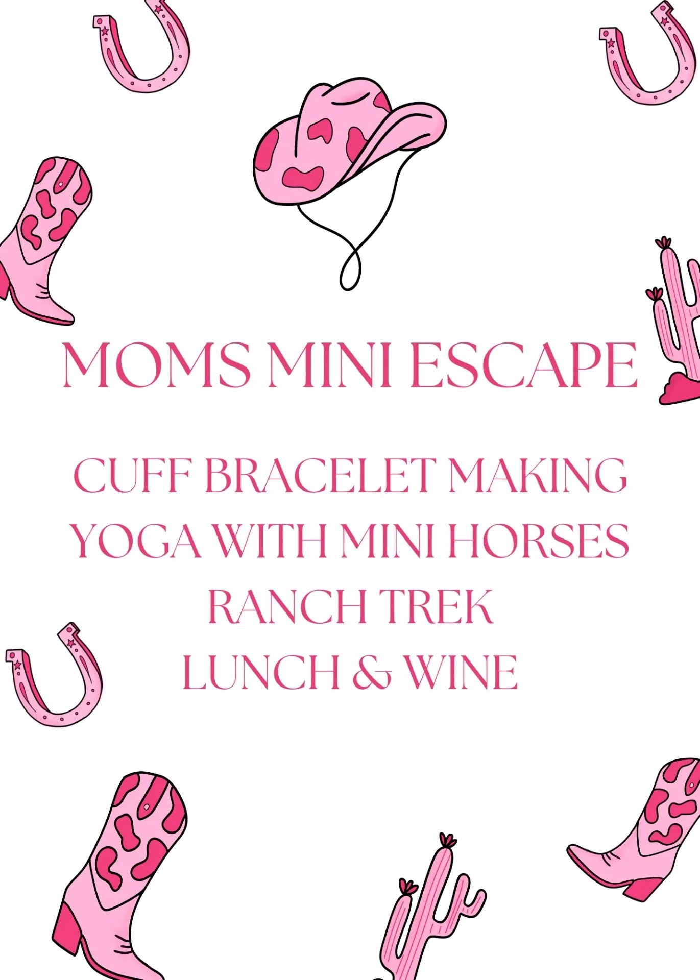The ultimate "Mom-cation" in under 4 hours. 🐴✨

Forget the seated seminars&mdash;we&rsquo;re getting active at the ranch!
🥾 Ranch Trek
🧘&zwj;♀️ Mini Horse Yoga
🔨 DIY Metal Cuff Workshop
🥗 Lunch &amp; Wine Social

It&rsquo;s part exerci