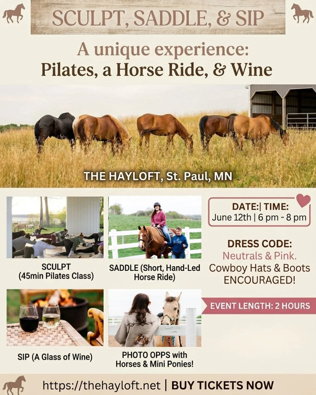 Sculpt, Saddle &amp; Sip is a boutique ranch experience designed for those seeking a peaceful evening. Imagine: a golden-hour Pilates flow, the rhythmic sound of hoofbeats, and a crisp glass of wine in hand. It&rsquo;s more than an event; it&rsquo;s 
