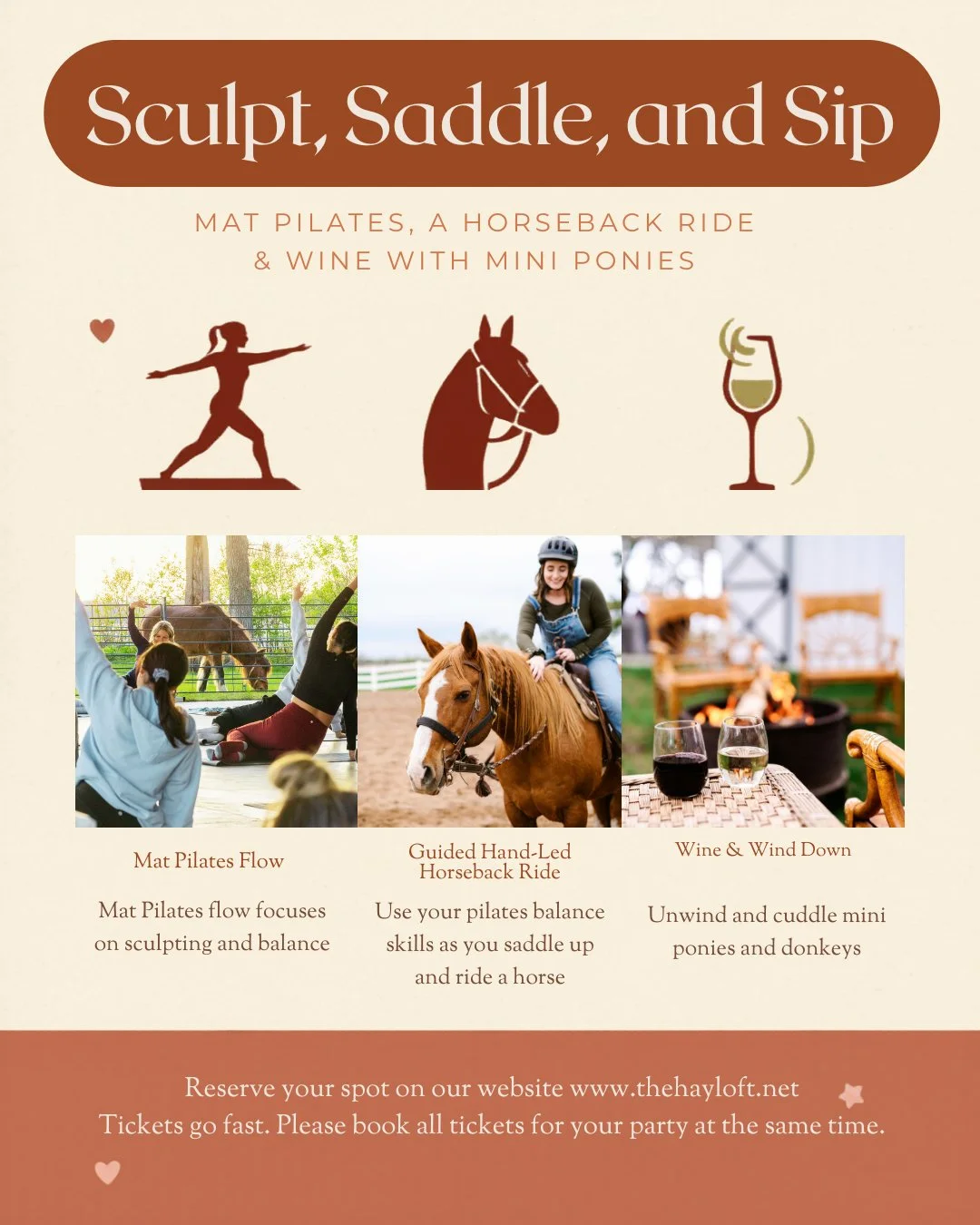 You deserve some "me time", here it is! Relax at a beautiful 40-acre horse ranch surrounded by mini ponies and sweeping countryside views. 

Stretch and find balance in a mat pilates class, let out your inner horse girl as you saddle up for