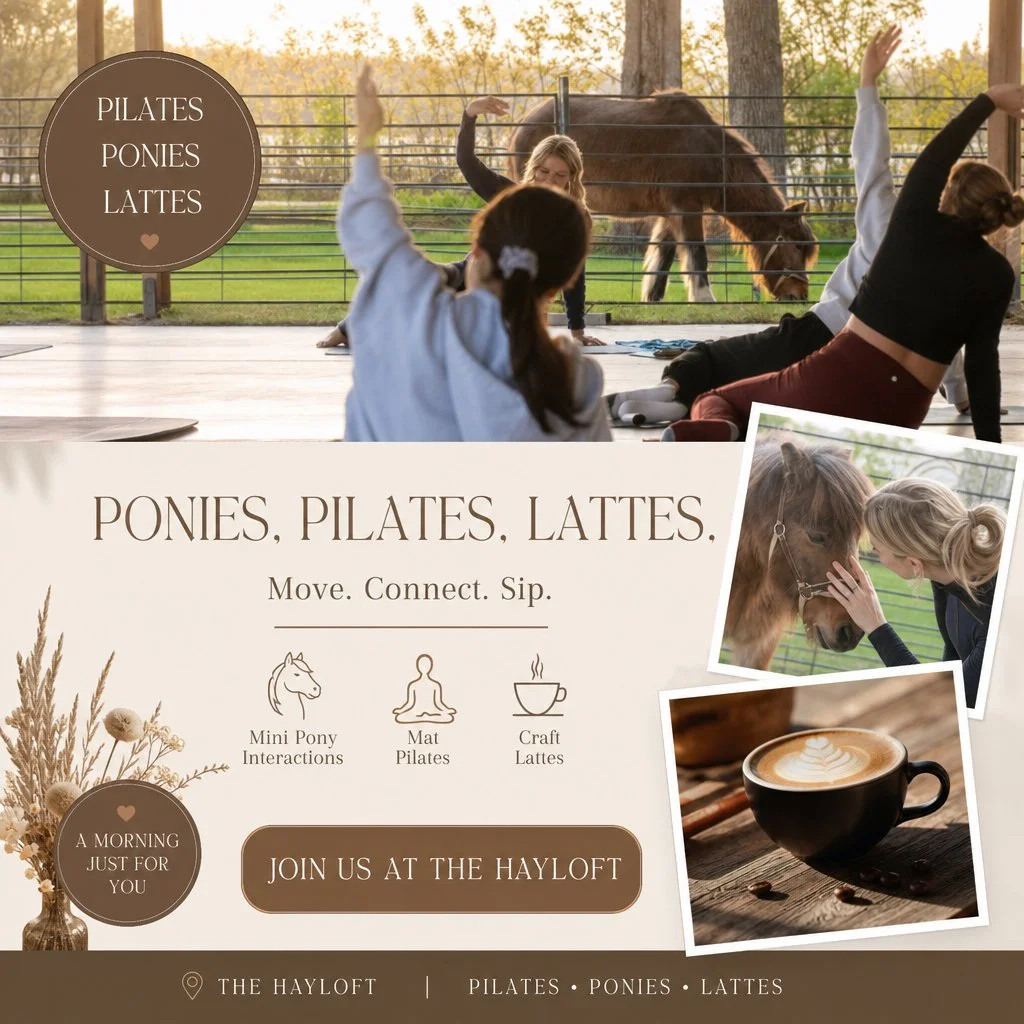 Ponies, Pilates &amp; Lattes🐴☕️

The perfect morning does exist. Wake up your body with an empowering mat Pilates flow, then reward yourself with handcrafted lattes and cuddles from our mini ponies and donkeys.

When: July 25th at 9 am

Bring: Your 