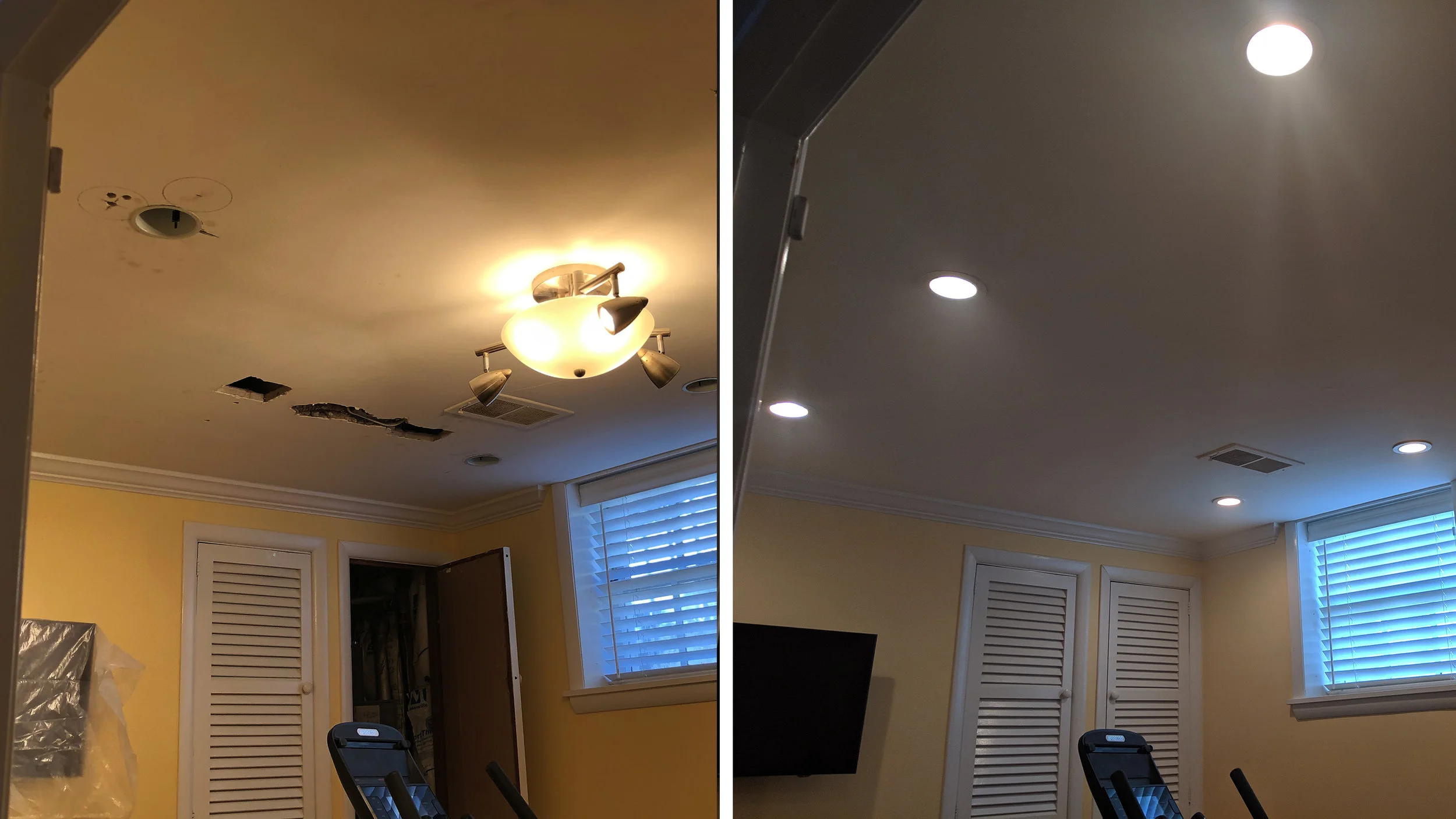 Recessed lighting installation before and after