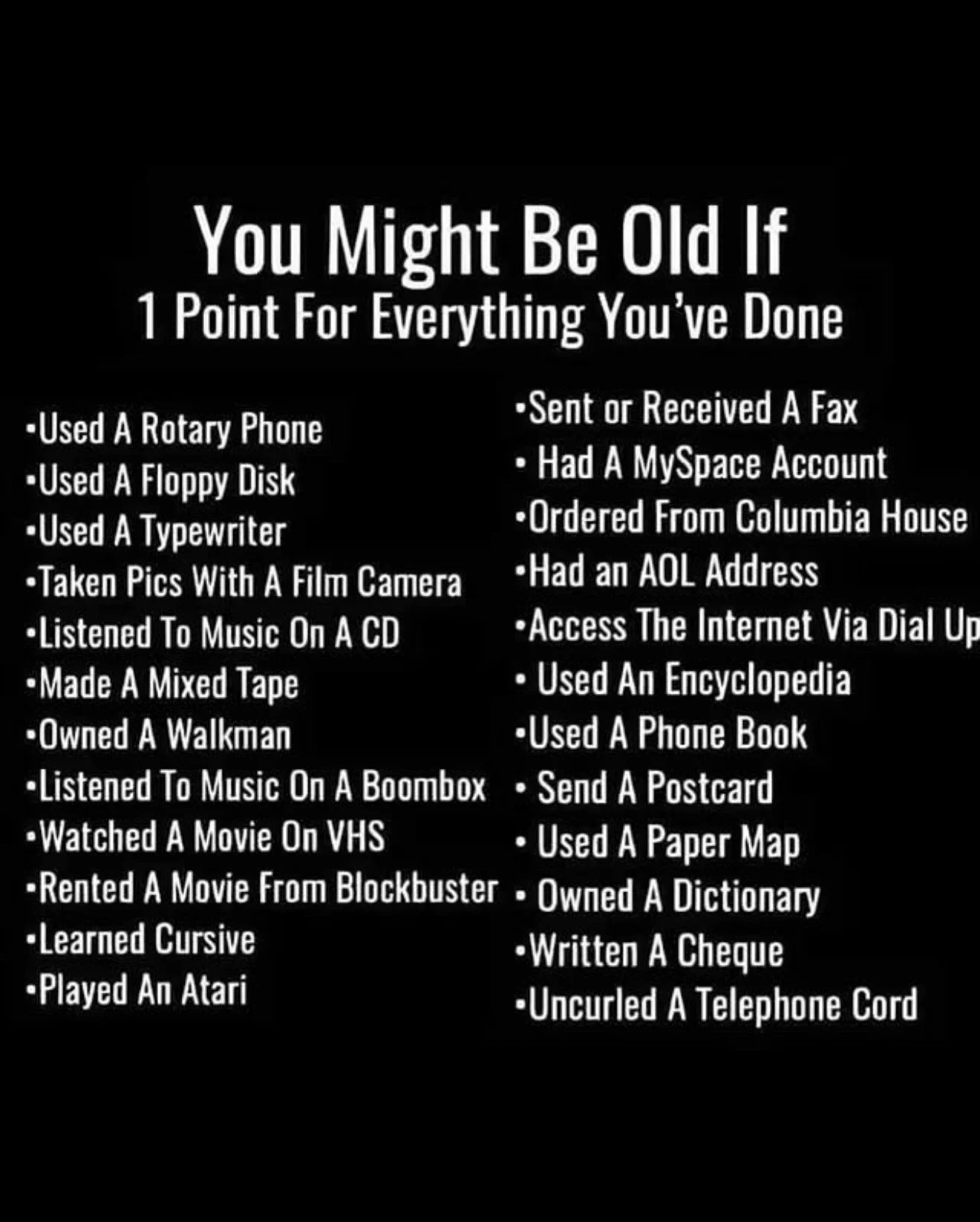 24 out of 24! So close! Never ordered from Columbia house. You?

#LetsTalkCandidly
Via @1990skiddo