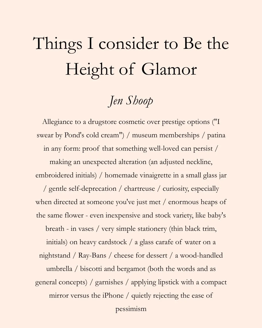 We also submit: short burgundy nails, a carafe of water next to the bed, the word carafe itself, a dog-bathtub in the mudroom. 

#LetsTalkCandidly
Via @magpiebyjenshoop
