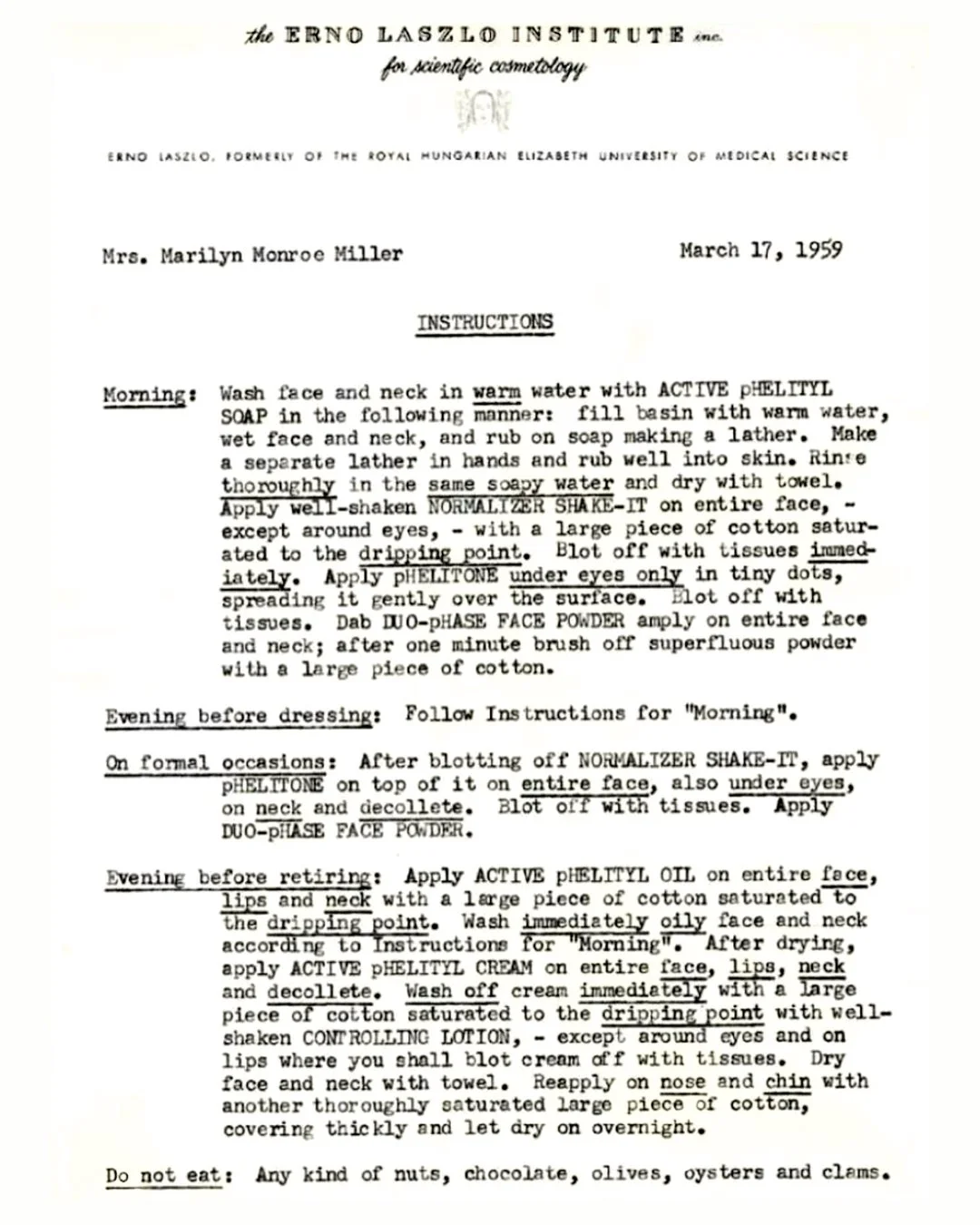 Marilyn Monroe&rsquo;s personalized skincare regimen in 1959 from Dr. Erno Laszlo. 

#LetsTalkCandidly
Via @ernolaszlonyc