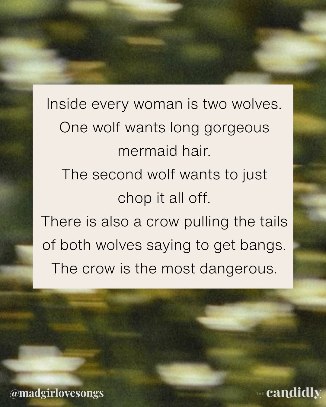 We have never known one moment of peace. 

#LetsTalkCandidly
Via @madgirlovesongs