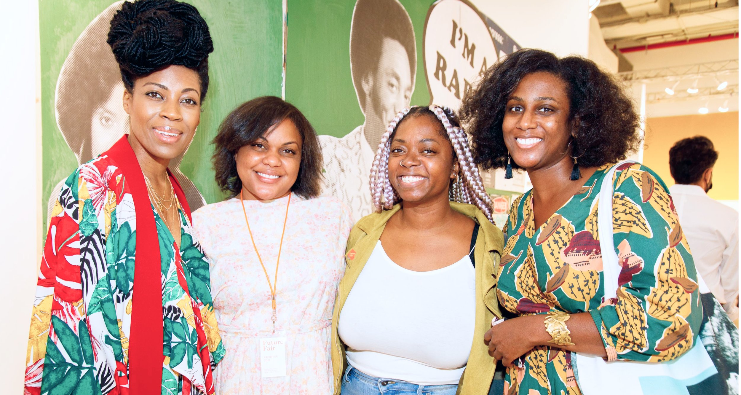  From left to right: Marryam Moma, Dominique Clayton, Tasha Dougé, and Mikhaile Solomon inside the booth of Dominique Gallery (Los Angeles) © David Willems Photography 