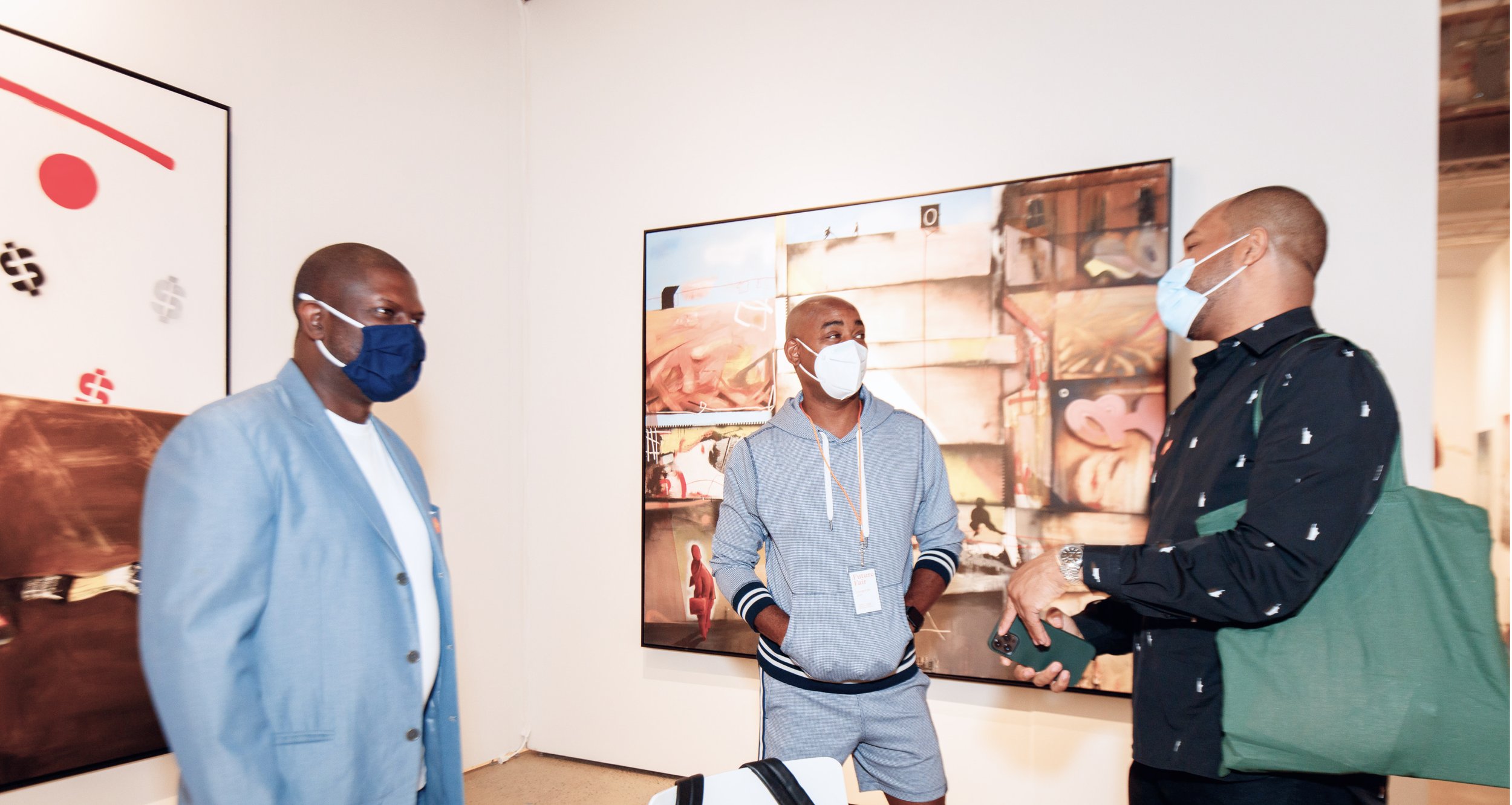  Rudy Austin, Richard Beavers, and Anwarii Musa in the Richard Beavers (Brooklyn, NY) booth with works by Marcus Jansen. © David Willems Photography 