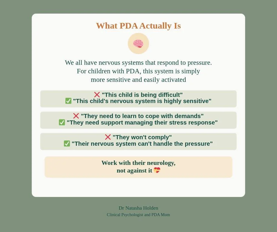 What PDA Actually Is

We all have nervous systems that respond to demands and pressure. For children with PDA, this nervous system is simply more sensitive and easily activated 🧠

As both a Clinical Psychologist and PDA mum, the most important under