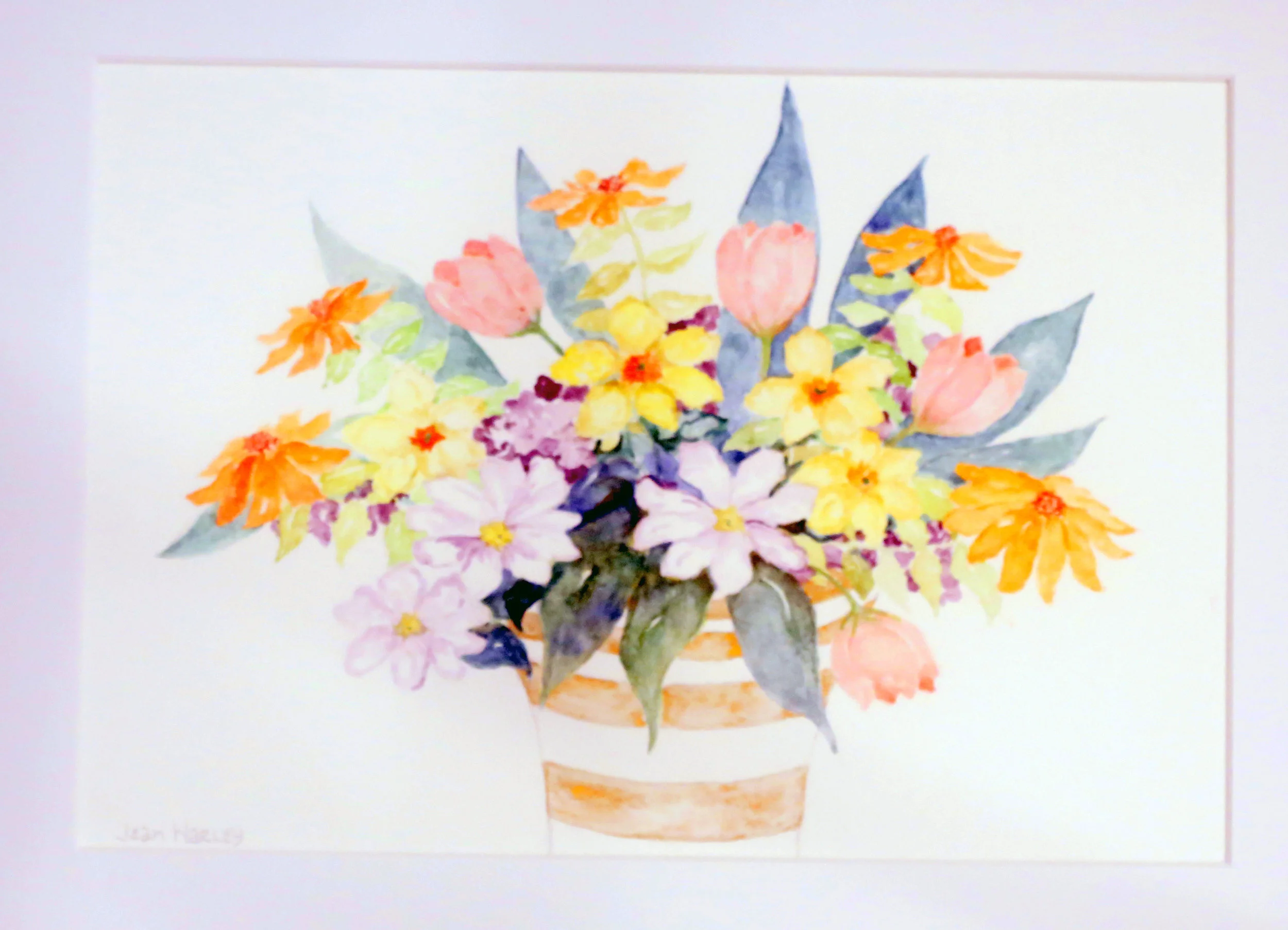Multicolor Bouquet In Striped Vase  13 x 9