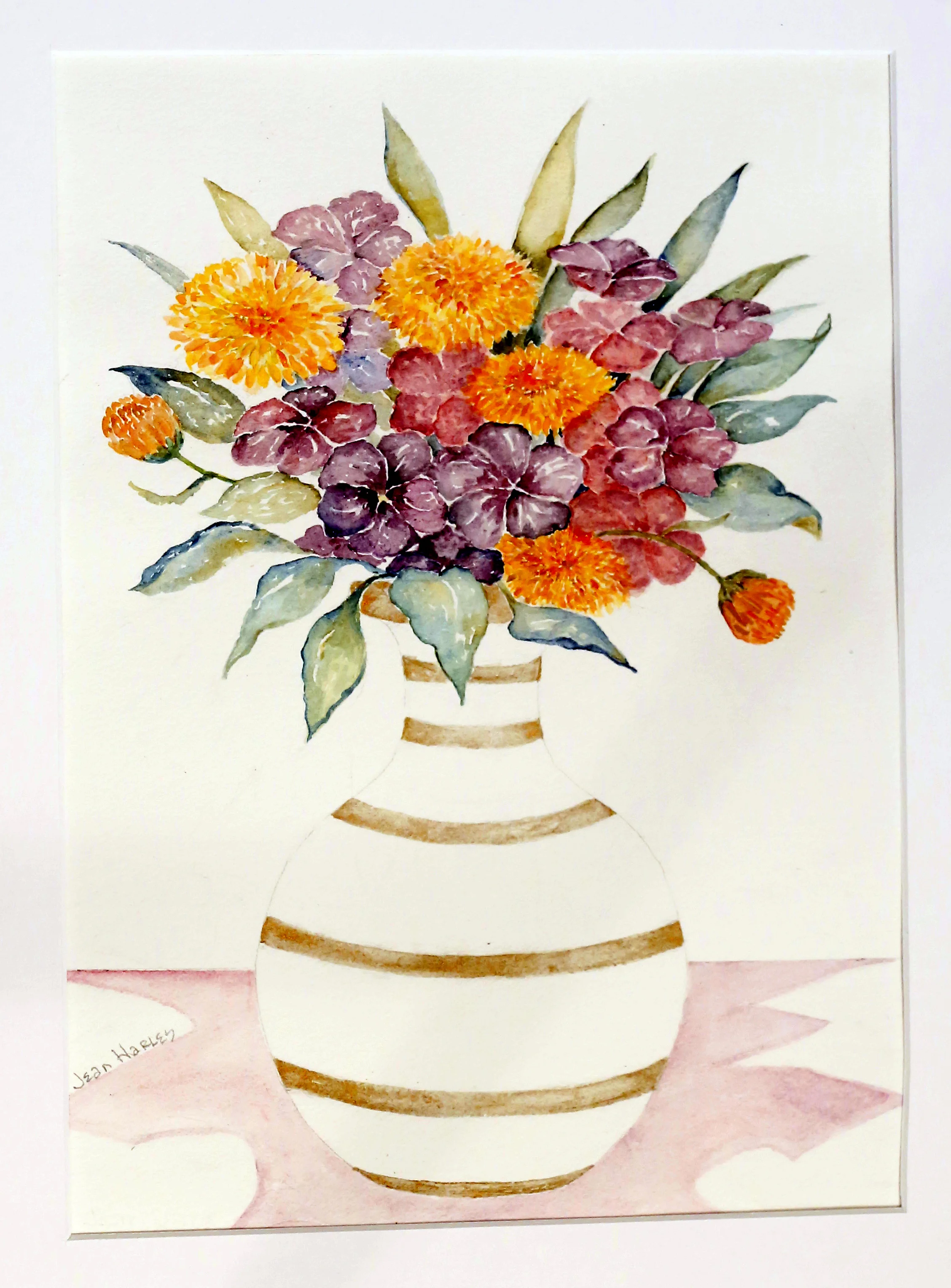 Mums In Gold-Ringed Vase  10.5 x 14.5