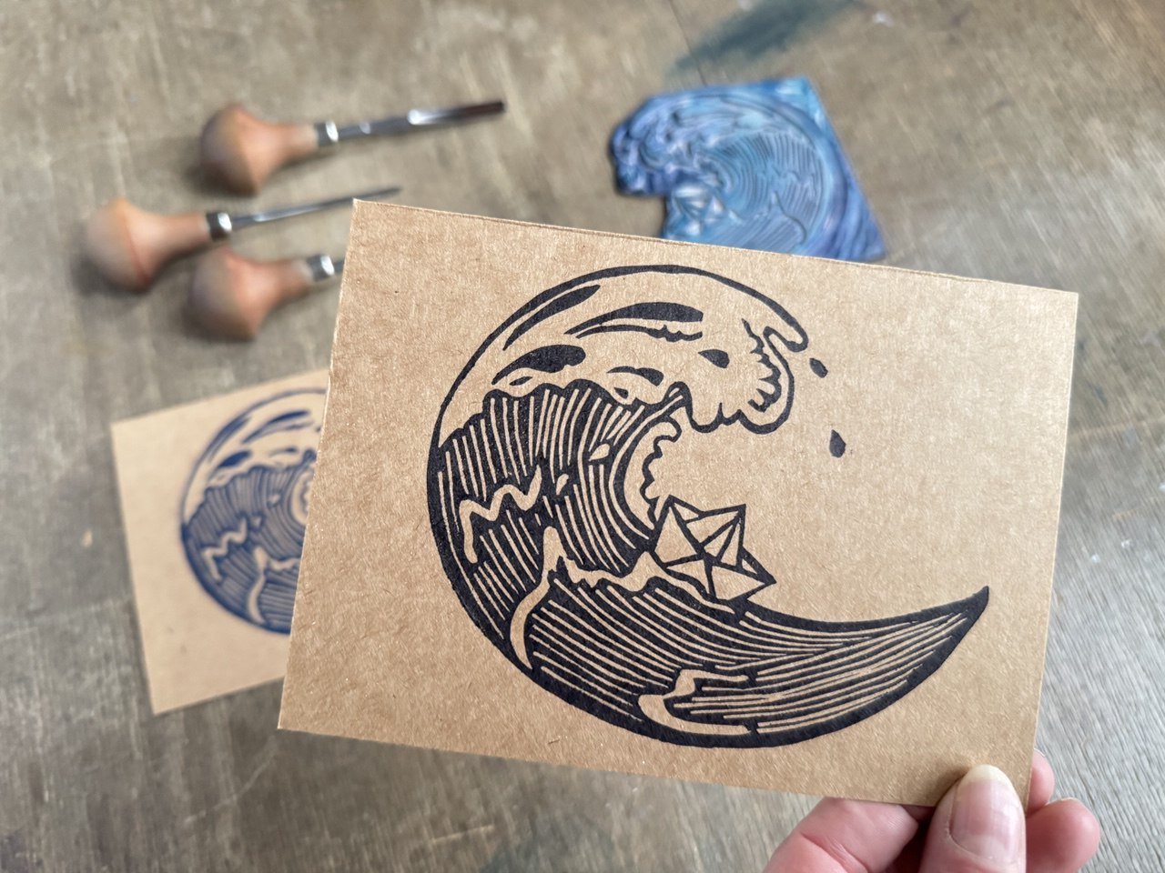 Linoldruck Grußkarte WELLE