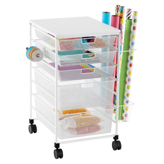 White Elfa Mesh Gift Wrap Cart