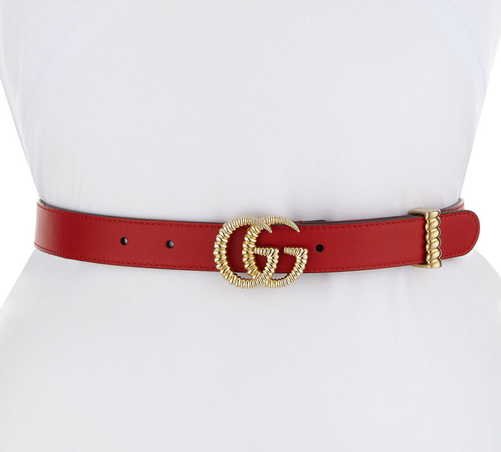 MOON LEATHER 1” RED GUCCI BELT WITH TEXTURED BUCKLE