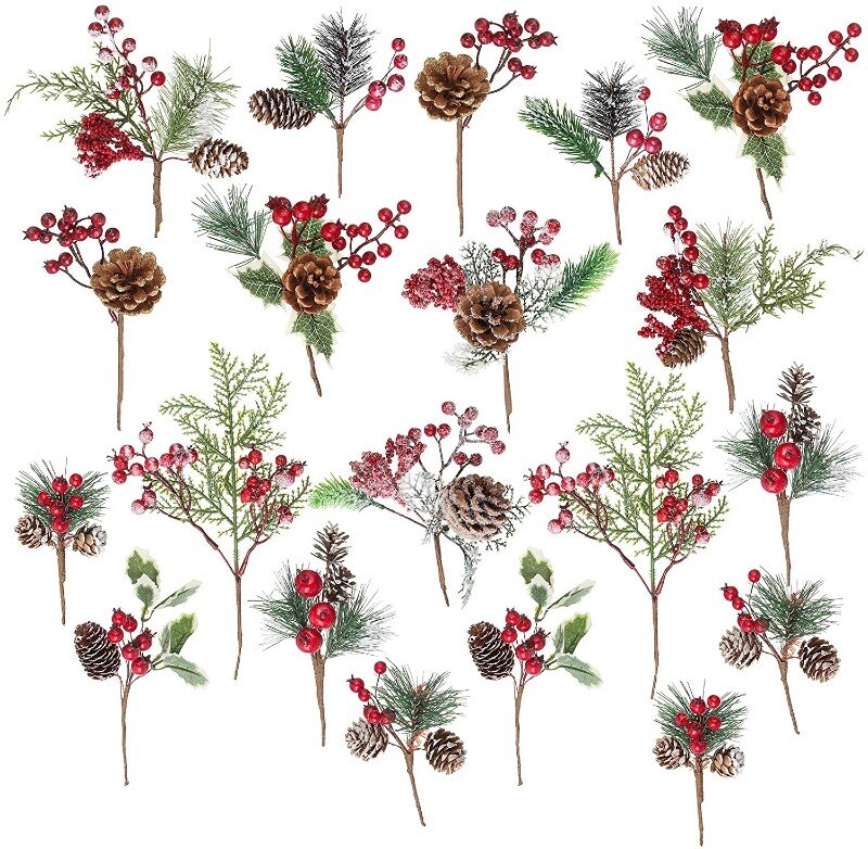 Faux Red Berry Picks, Holly Leaves, Pine Cones