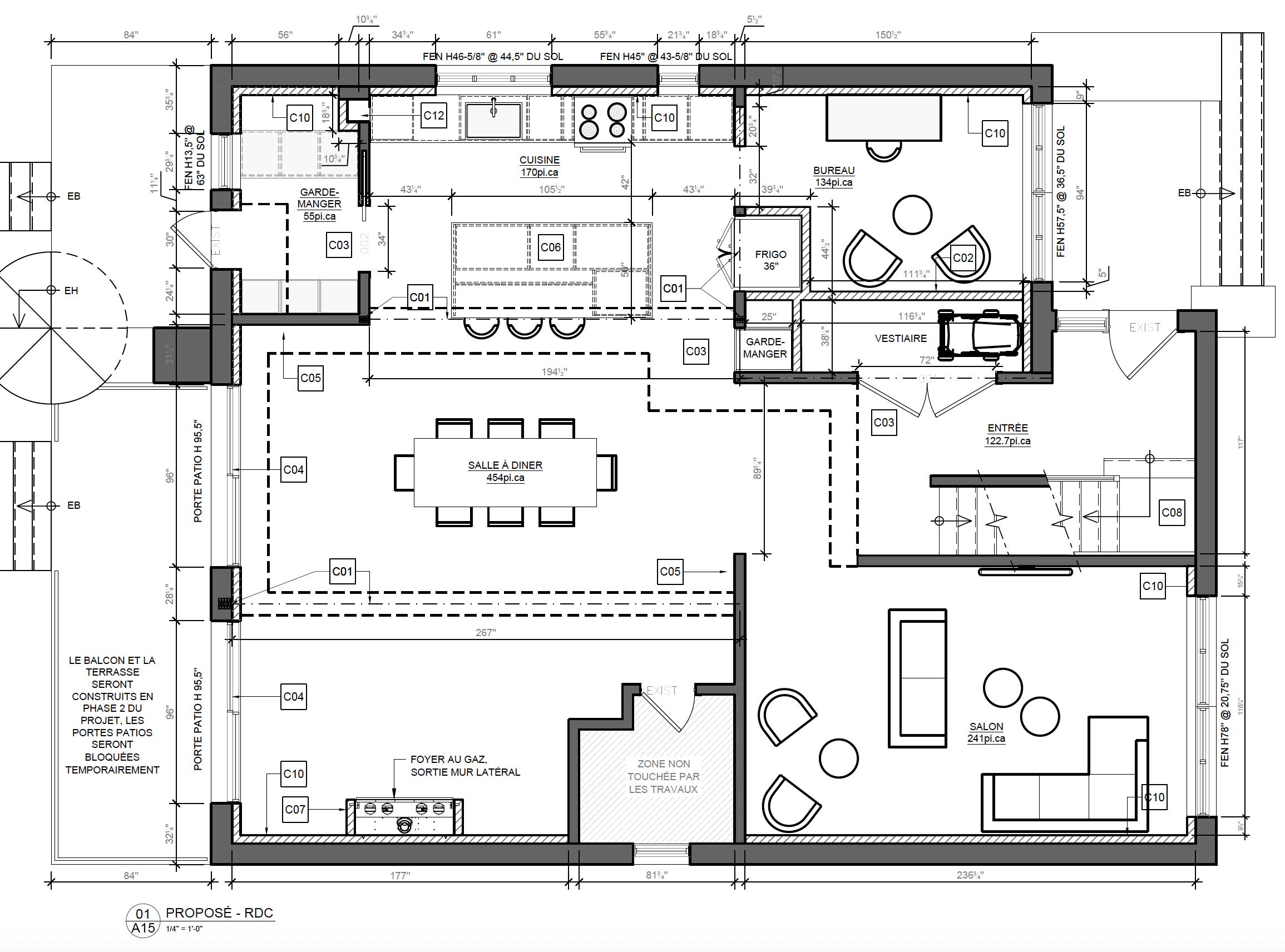 Plan architectural d'une maison avec cuisine, salle à manger, salon, bureau, entrée, vestiaire, garage, balcon, terrasse, et différentes pièces avec mesures détaillées.