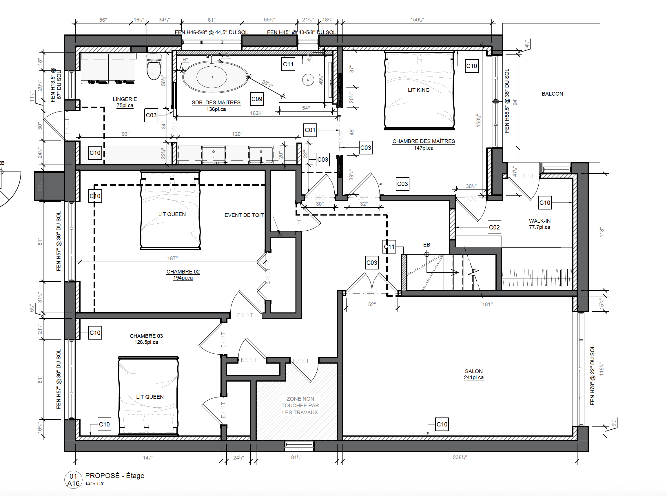 Plan architectural détaillé d'une résidence avec plusieurs chambres, salon, salles de bains, walk-in, et autres espaces.