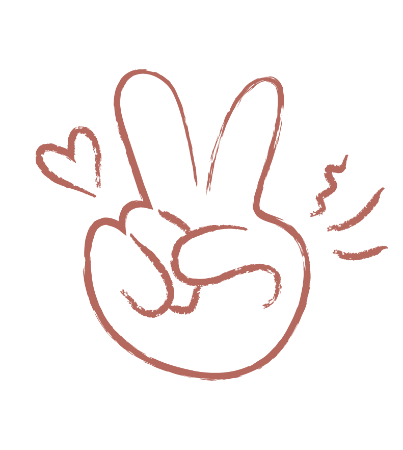 Une illustration simple d'une main faisant le geste de paix, accompagnée d'un petit cœur et de lignes évoquant des éclats ou de la vibration, le tout dessiné en style esquisse avec des traits roses