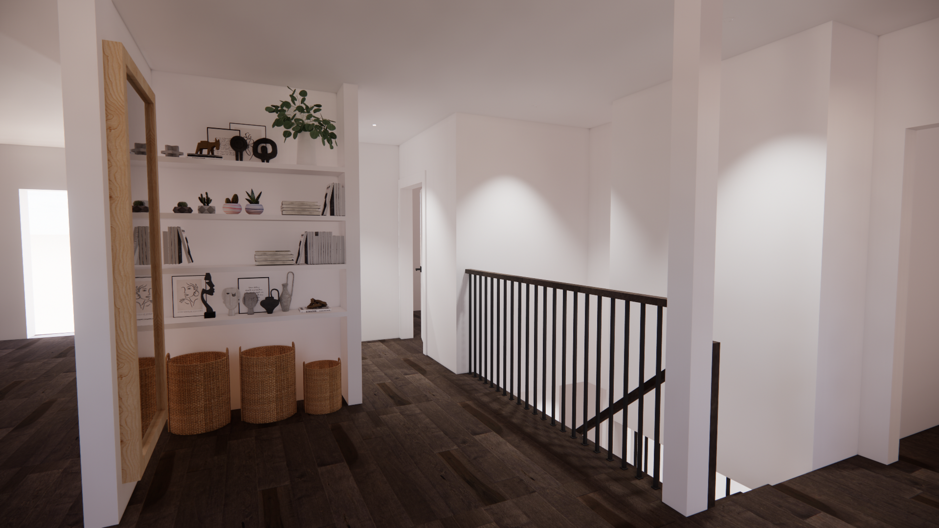 Espace intérieur moderne avec étagère blanche décorée de cadres, vases, livres et plantes, gestion de l'espace avec escalier en bois foncé, murs blancs et éclairage subtil.