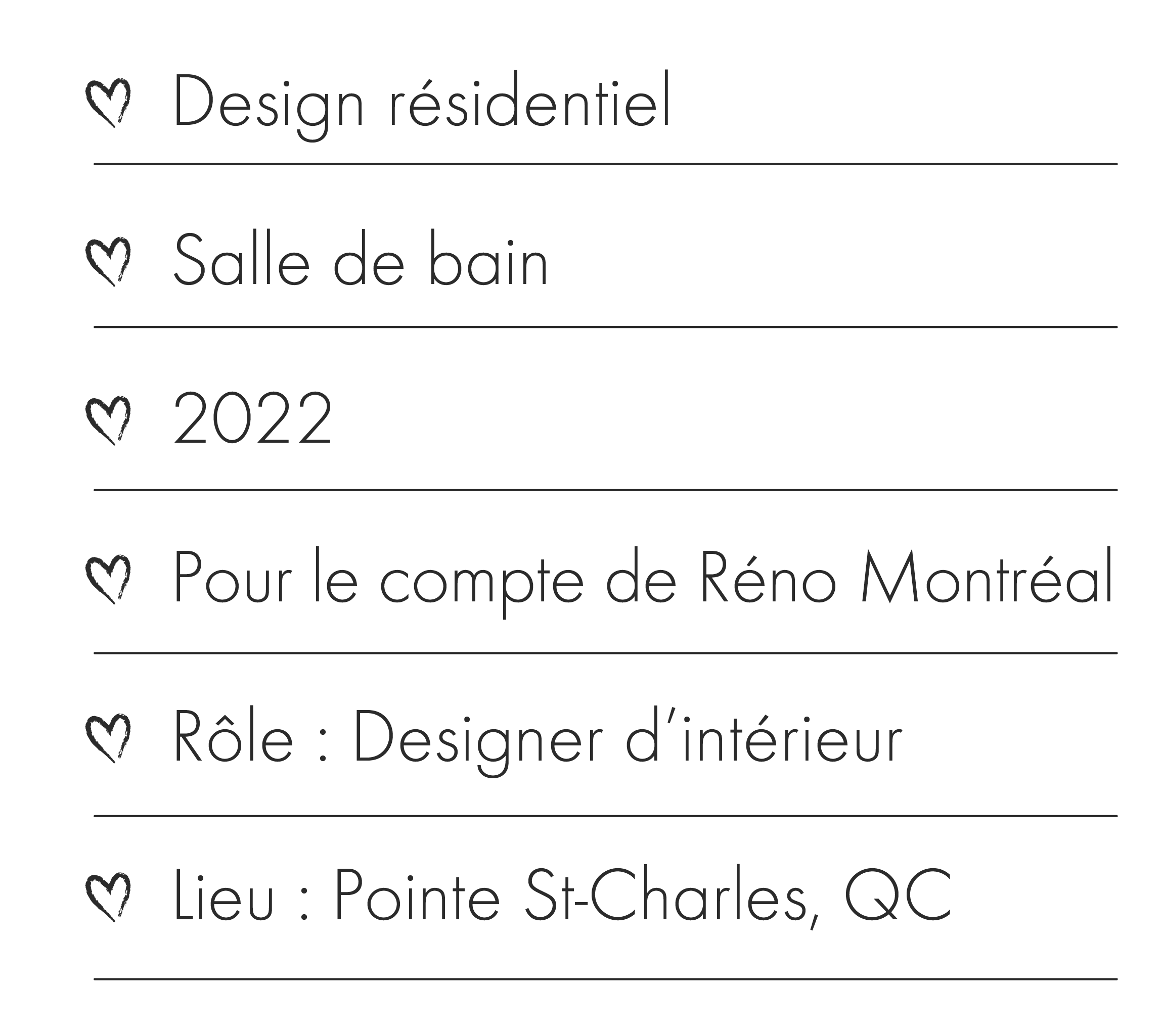 Une fiche de réservation avec des informations pour un style de design résidentiel dans une salle de bain, pour l'année 2022, au compte de Rêno Montréal, occupant le rôle de designer d'intérieur, située à Pointe St-Charles, QC.