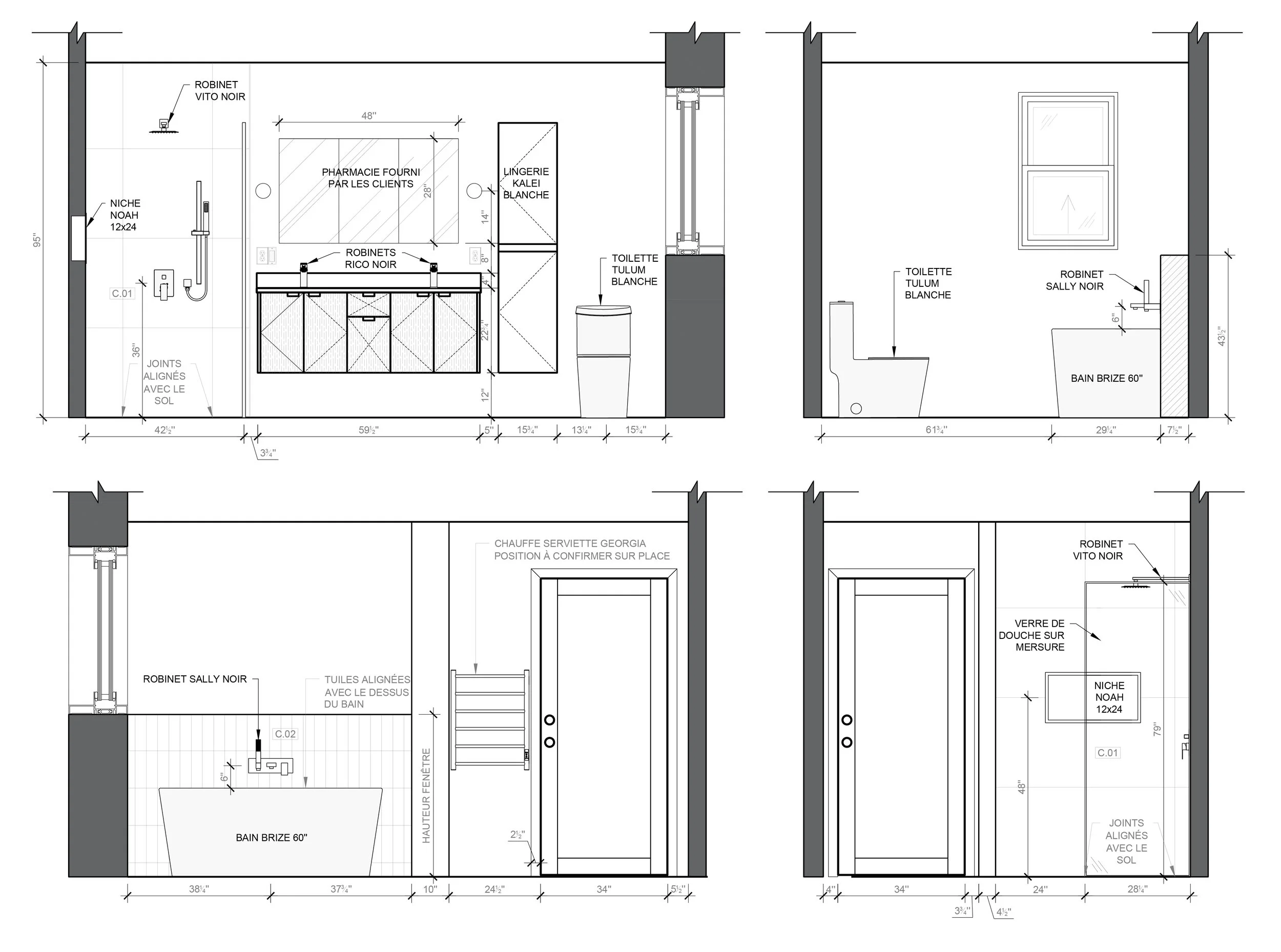 Plan d'aménagement de plusieurs salles de bains avec détails techniques, y compris des lavabos, des toilettes, des robinets, des baignoires et des accessoires.
