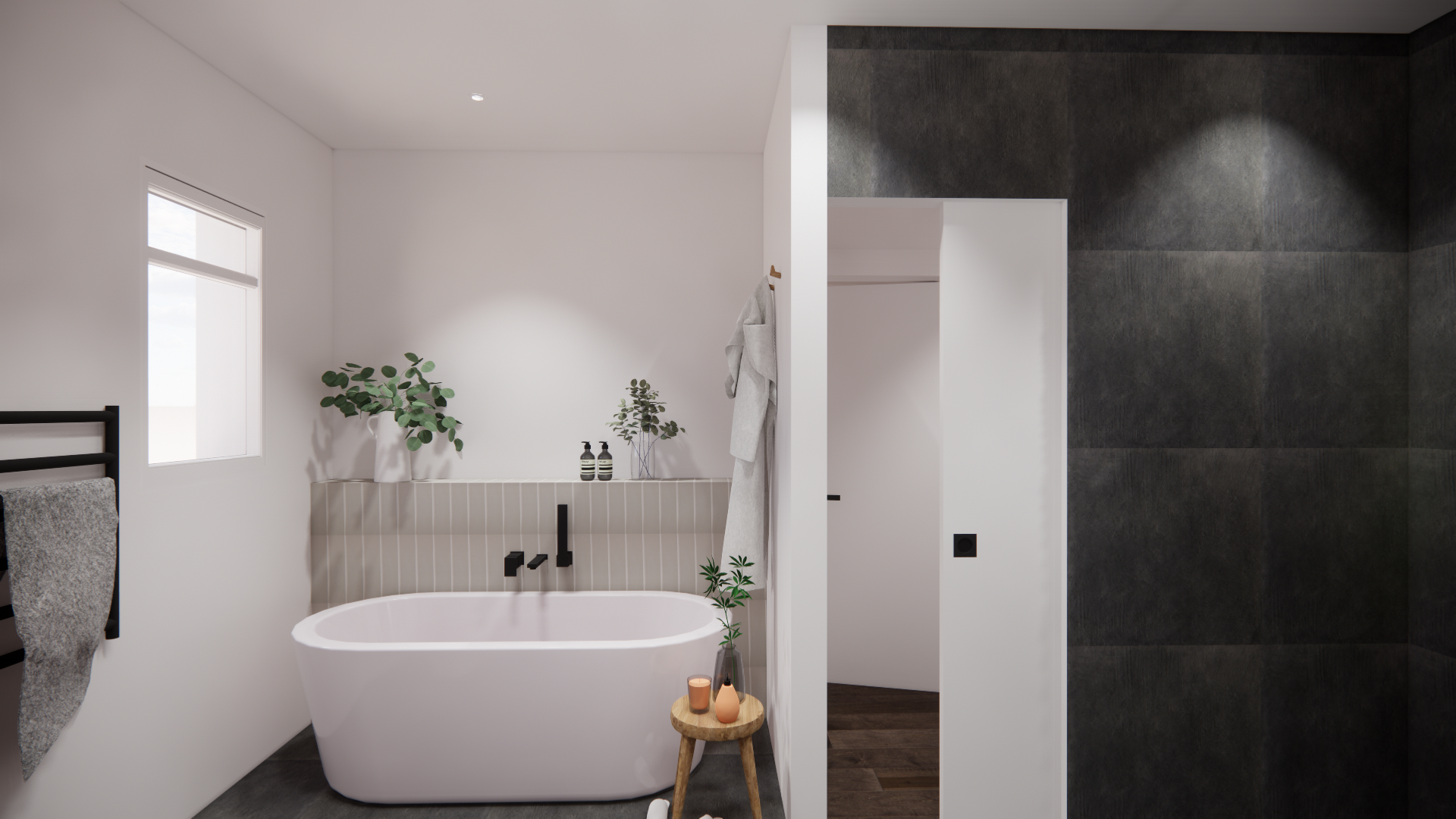 Une salle de bains moderne avec une baignoire blanche, une fenêtre, des plantes vertes, un tapis gris, et un mur noir foncé, avec un espace douche séparé.