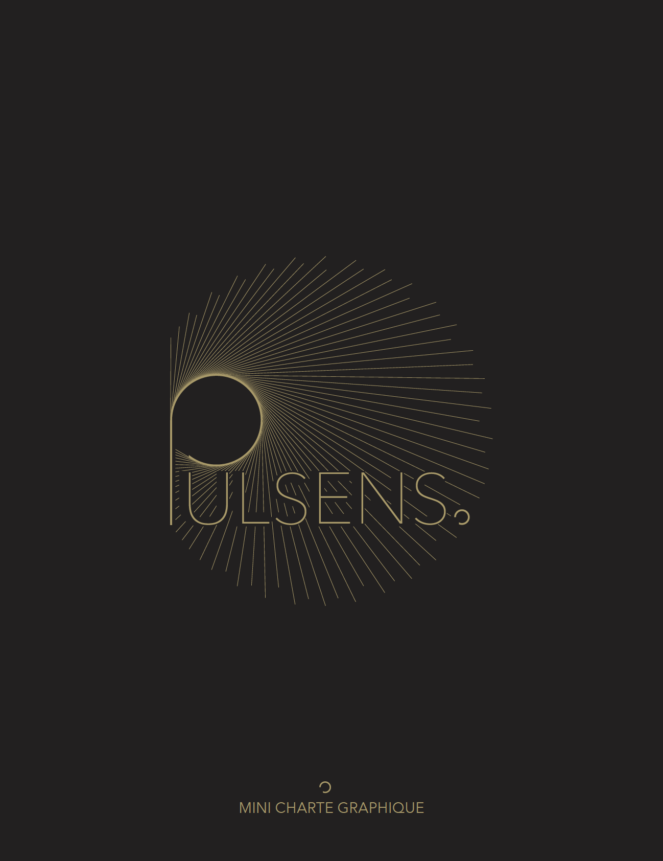 Couverture d'une mini charte graphique avec un fond noir, un cercle et des lignes dorées formant un motif solaire, le texte 'ULSENS' en lettres dorées et le texte 'MINI CHARTE GRAPHIQUE' en dessous.