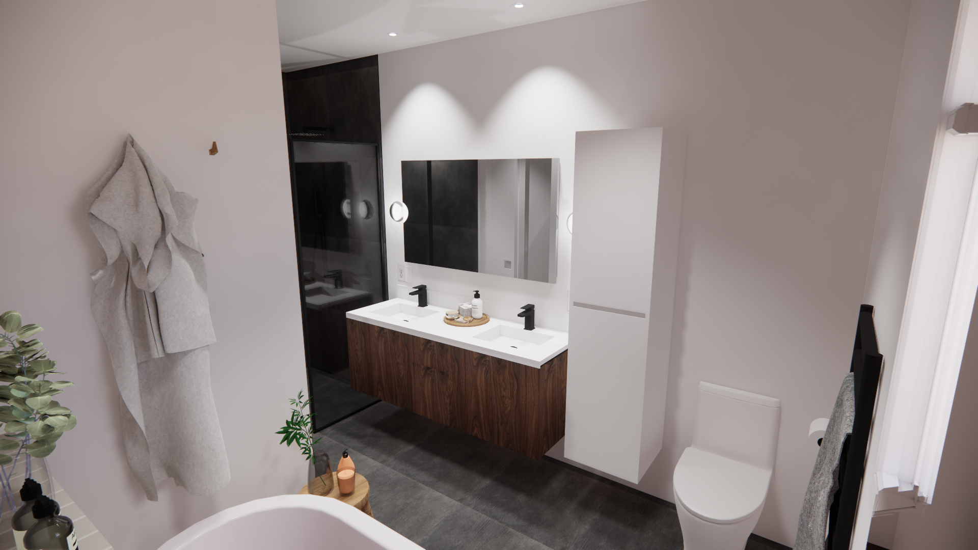 Salle de bain moderne avec double lavabo en bois, grand miroir, toilette, et éléments de décoration neutres.