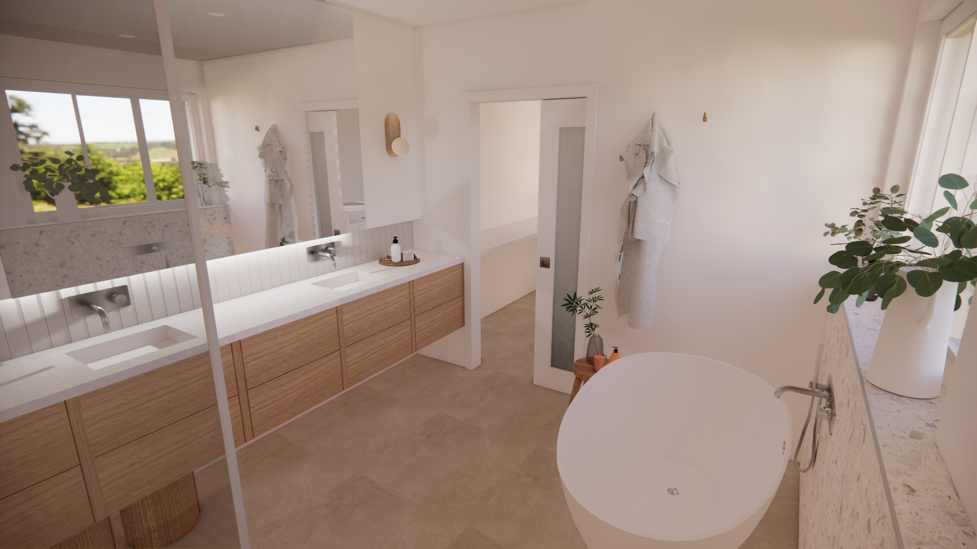 Salle de bain moderne avec double lavabo, baignoire ronde, plantes et décor minimaliste, vue de la fenêtre avec paysage vert.